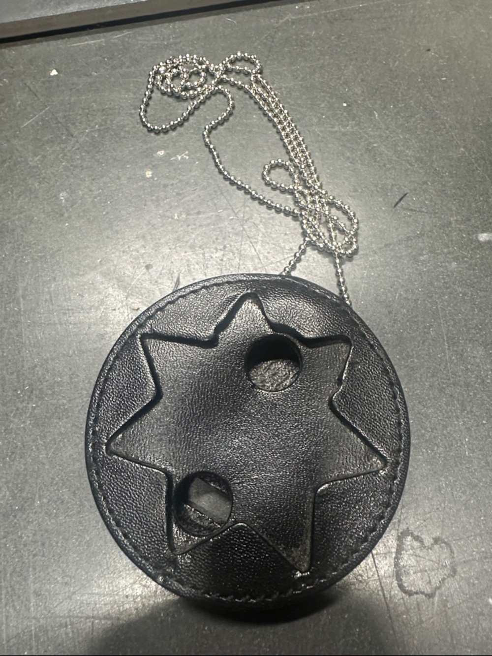 Leather Recessed 7 Point Star Badge & ID Holder Neck Case With Ball Chain